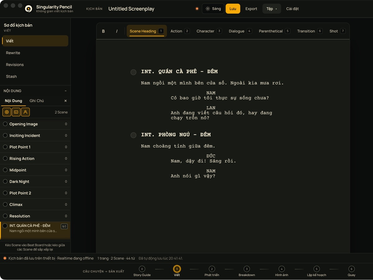 Singularity Pencil screenplay editor showing a short two-scene sample script in Vietnamese, the scene outline on the left and the workflow bar from Story Guide to shoot at the bottom.